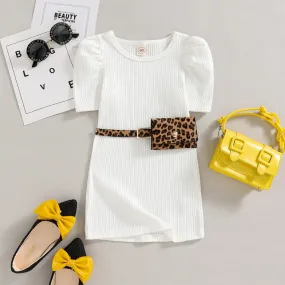 18M-6Y Toddler Girls Outfits Sets Ribbed Solid Color Puff Sleeve Dresses & Leopard Print Belt Bag Fashion Girl Wholesale