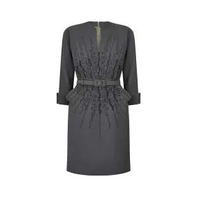 1950s Grey Wool Dolman Sleeve Dress with Elaborate Beadwork