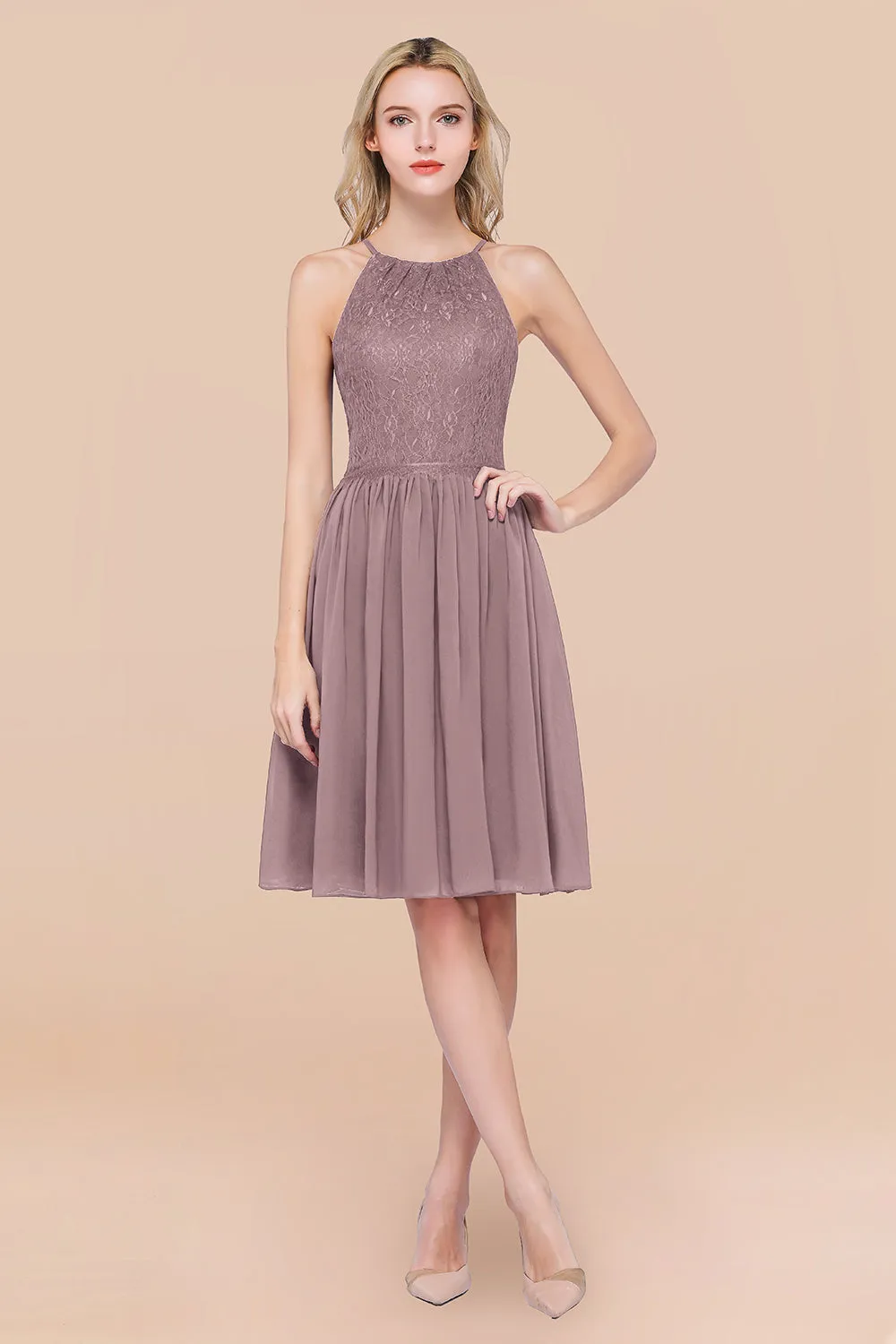 A-line Chiffon Lace Jewel Sleeveless Short Bridesmaid Dresses with Ruffles