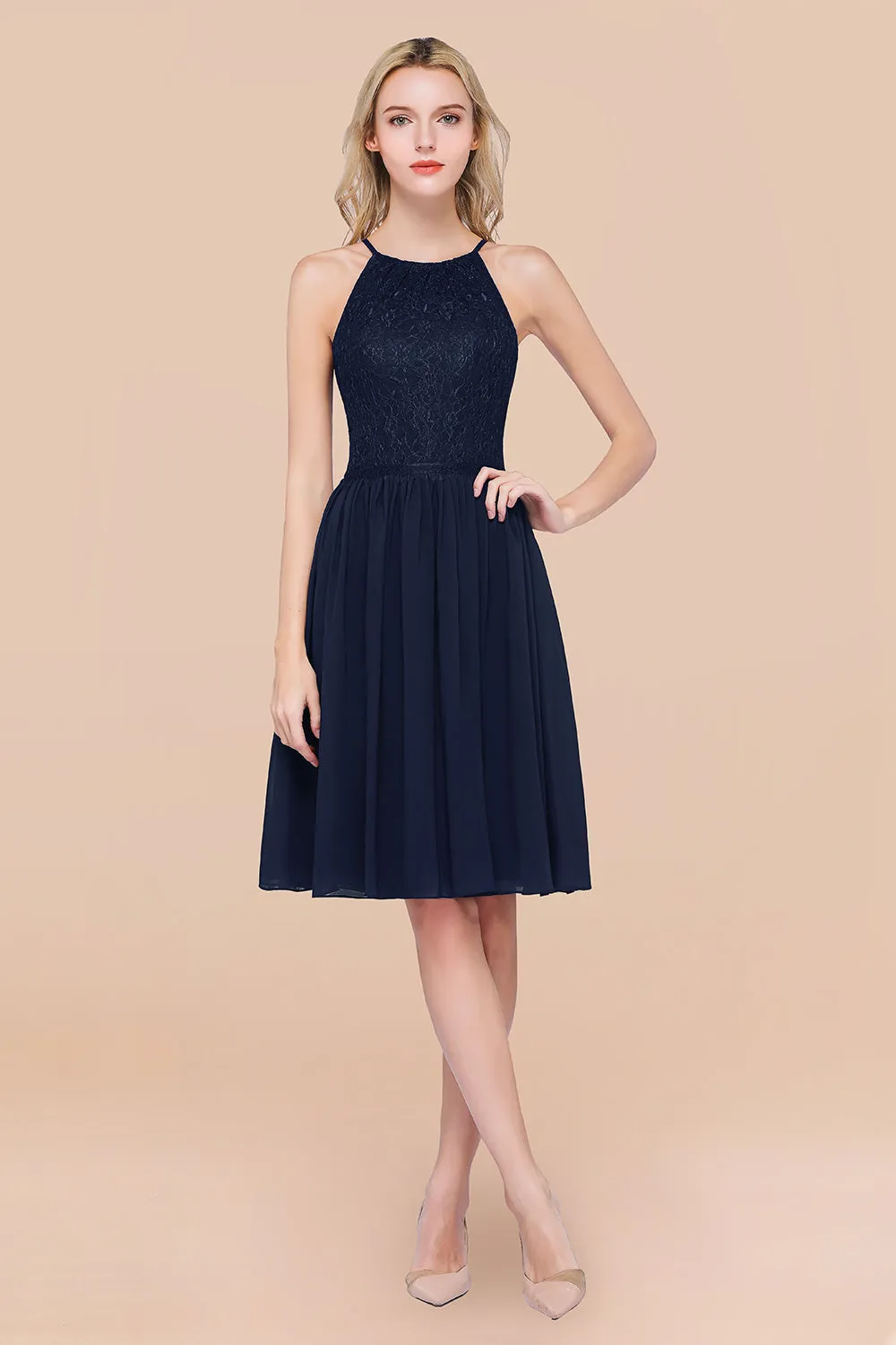 A-line Chiffon Lace Jewel Sleeveless Short Bridesmaid Dresses with Ruffles