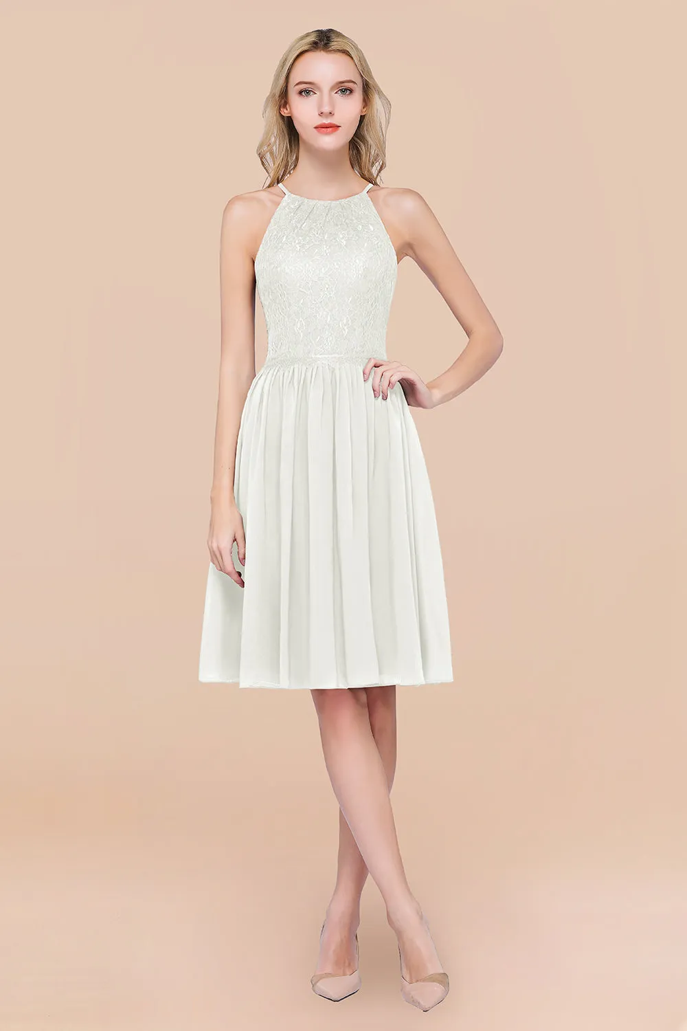 A-line Chiffon Lace Jewel Sleeveless Short Bridesmaid Dresses with Ruffles