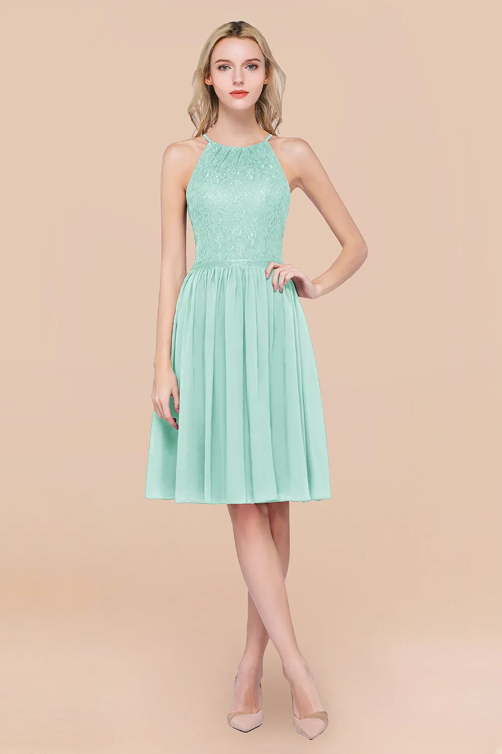 A-line Chiffon Lace Jewel Sleeveless Short Bridesmaid Dresses with Ruffles