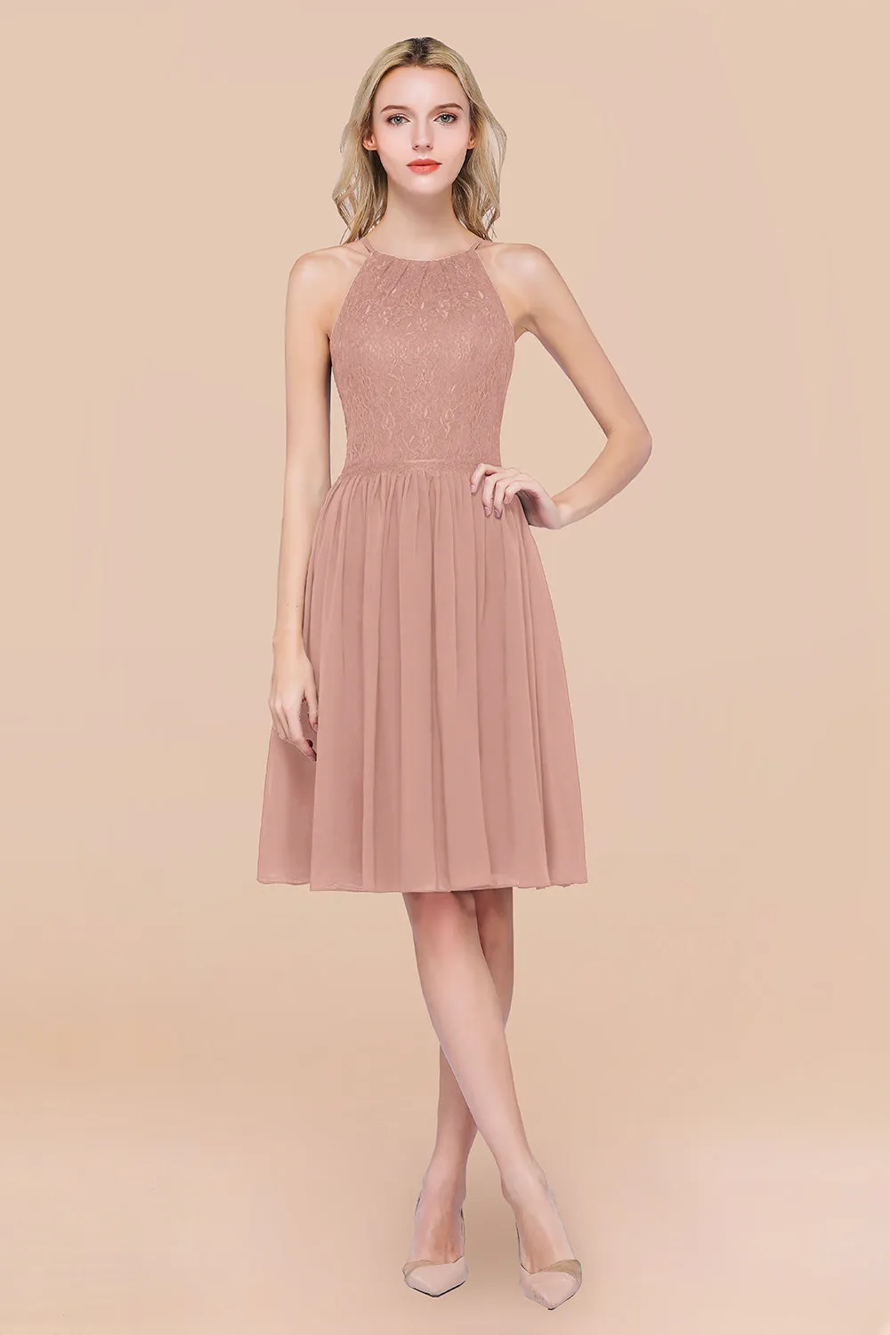 A-line Chiffon Lace Jewel Sleeveless Short Bridesmaid Dresses with Ruffles