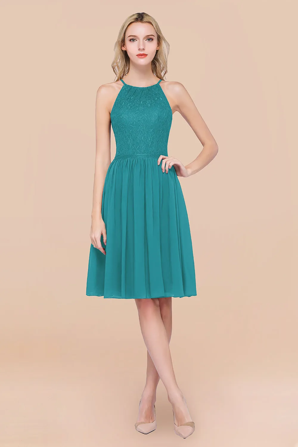 A-line Chiffon Lace Jewel Sleeveless Short Bridesmaid Dresses with Ruffles