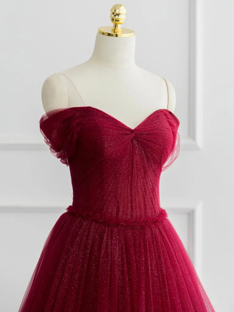 A-line Off Shoulder Tulle Shiny Burgundy Long Prom Dress, Burgundy Long Formal Dress