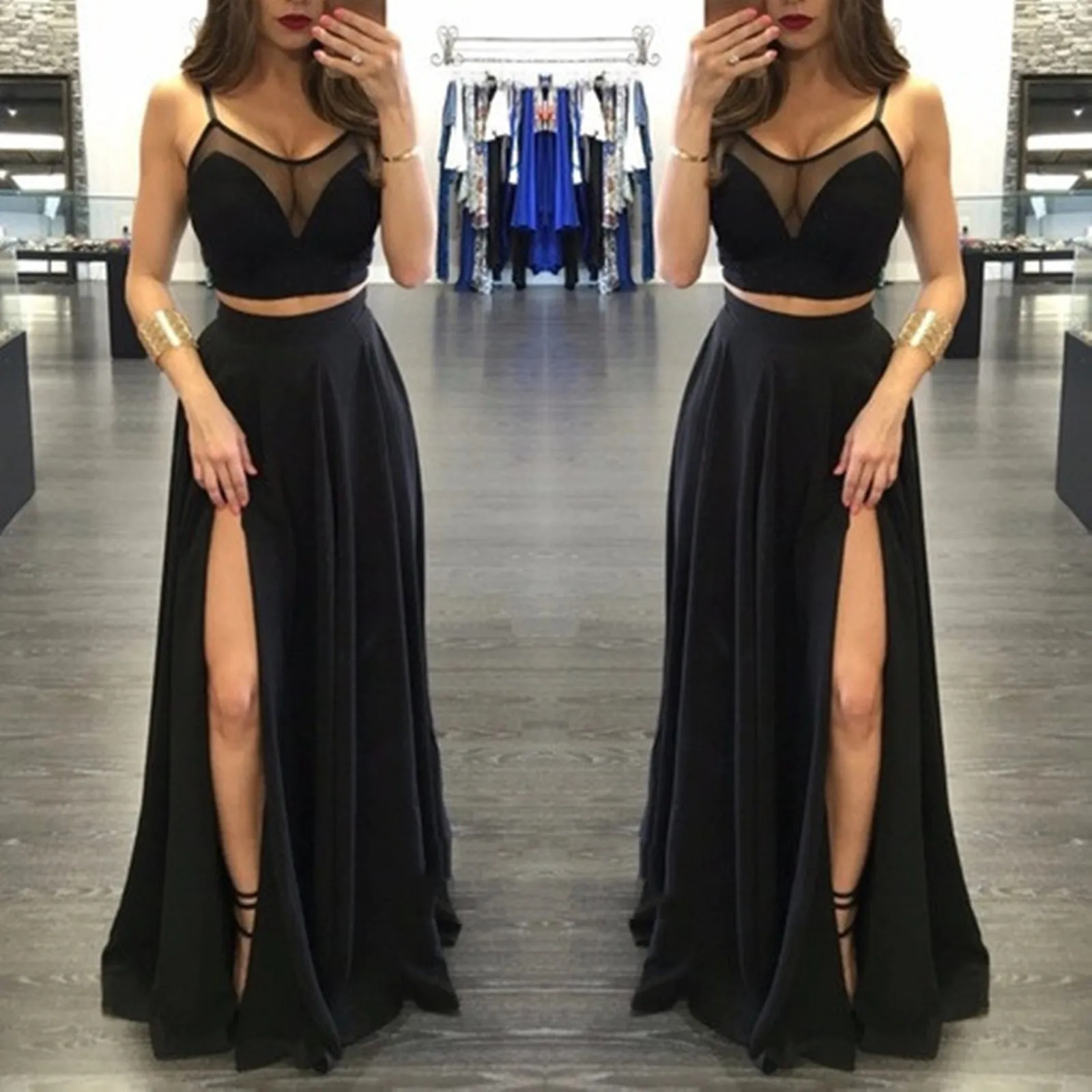 A Line Round Neck 2 Pieces Black Prom Dresses, 2 Pieces Formal Dresses