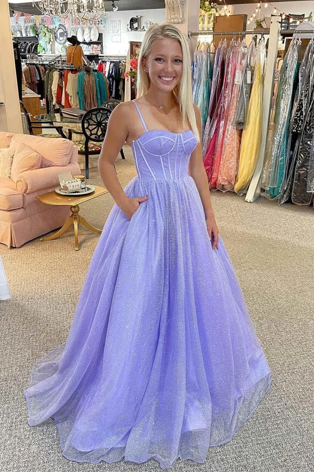 A Line Spaghetti Straps Blue/Pink/Lilac Tulle Long Prom Dresses, Shiny Blue/Pink/Lilac Formal Evening Dresses SP2265