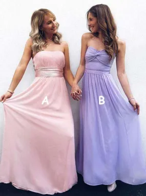 A-Line Strapless Pleated Pink Chiffon Bridesmaid Dress