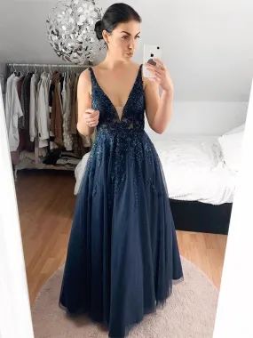 A Line V Neck Lace Navy Blue Long Prom Dresses, Navy Blue Lace Formal Dresses, Navy Blue Evening Dresses