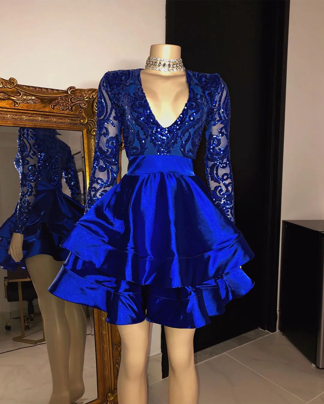 A-line V-neck Layers Sequins Short Prom Dress with Sleeves