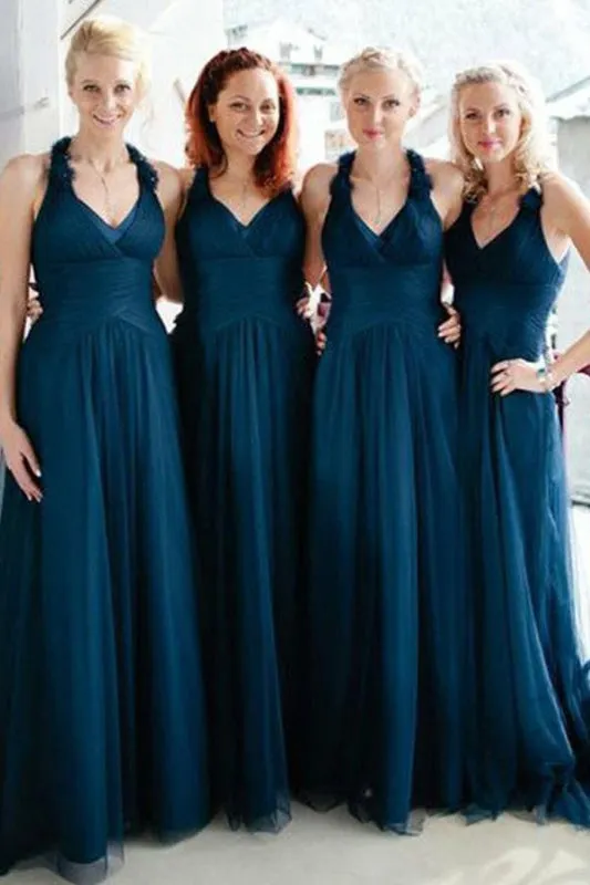 A-Line V-Neck Long Ruched Tulle Bridesmaid Dress