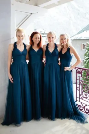 A-Line V-Neck Long Ruched Tulle Bridesmaid Dress