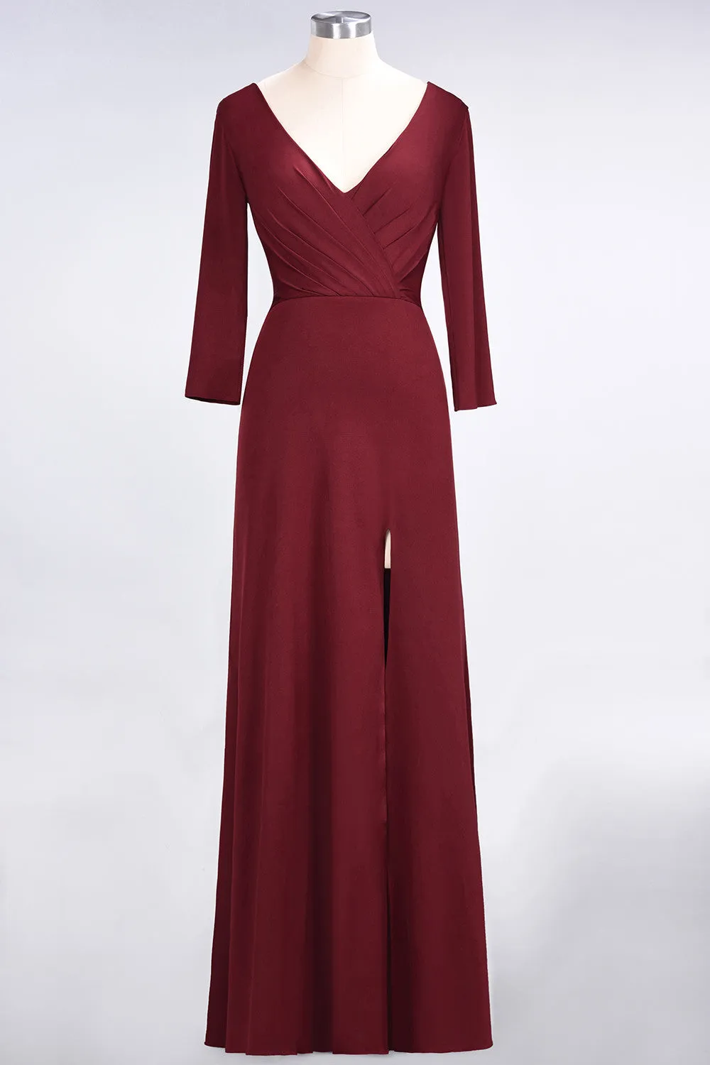 A-Line V-Neck Long Sleeves Bridesmaid Dress with Slit