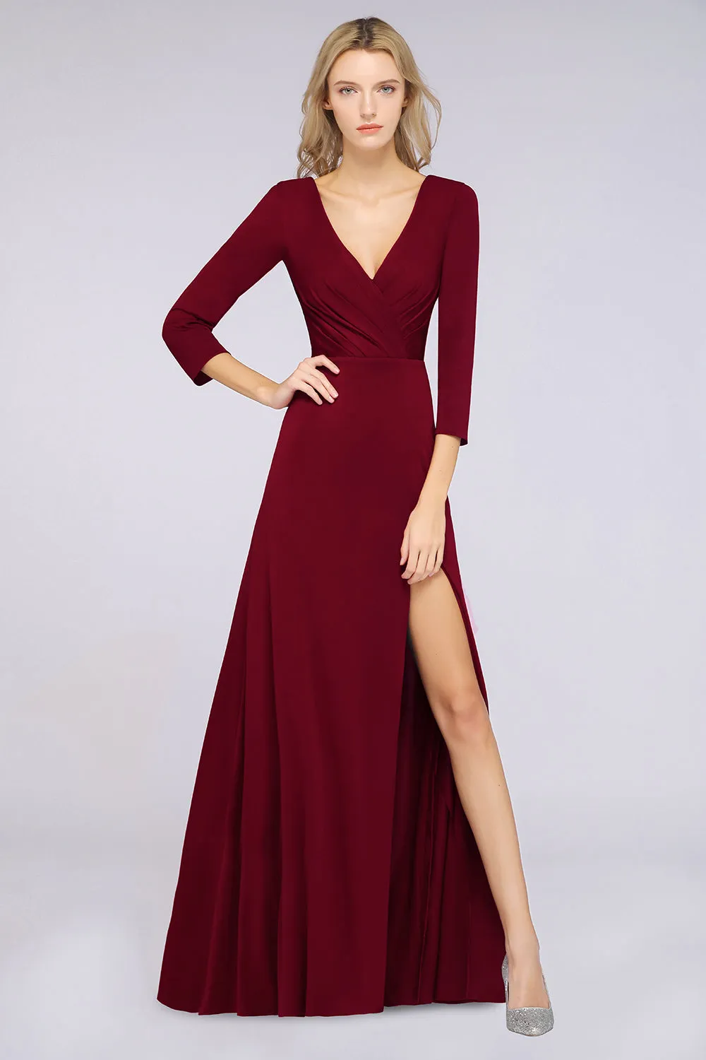 A-Line V-Neck Long Sleeves Bridesmaid Dress with Slit