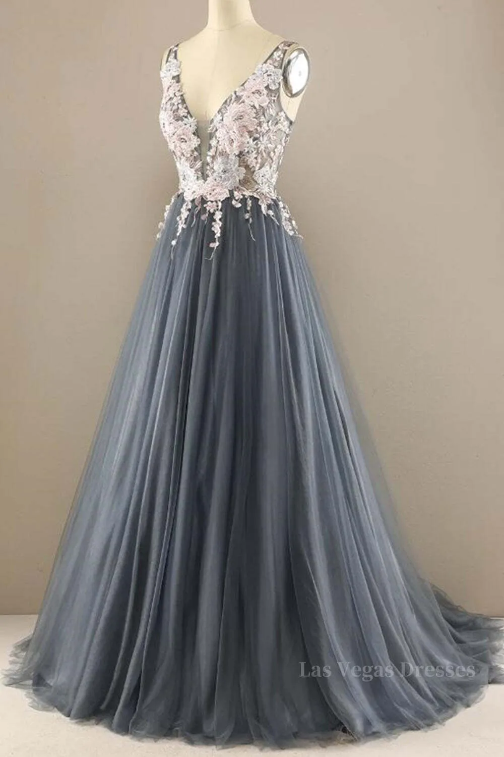 A Line V Neck Open Back Appliques Gray Long Prom Dresses, V Neck Grey Formal Dresses, Gray Evening Dresses