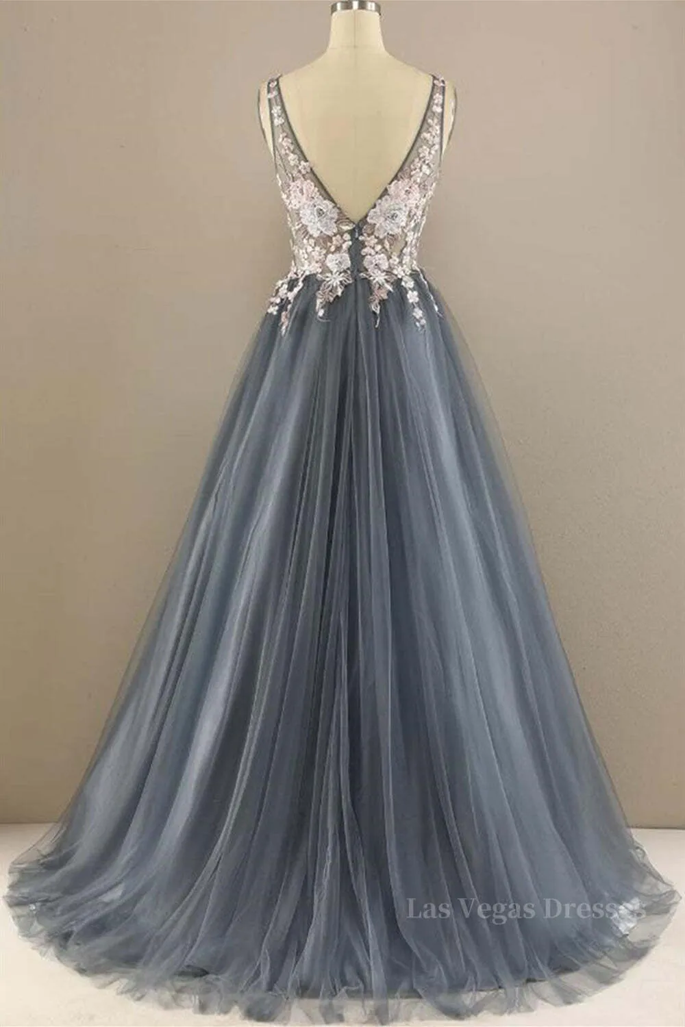 A Line V Neck Open Back Appliques Gray Long Prom Dresses, V Neck Grey Formal Dresses, Gray Evening Dresses