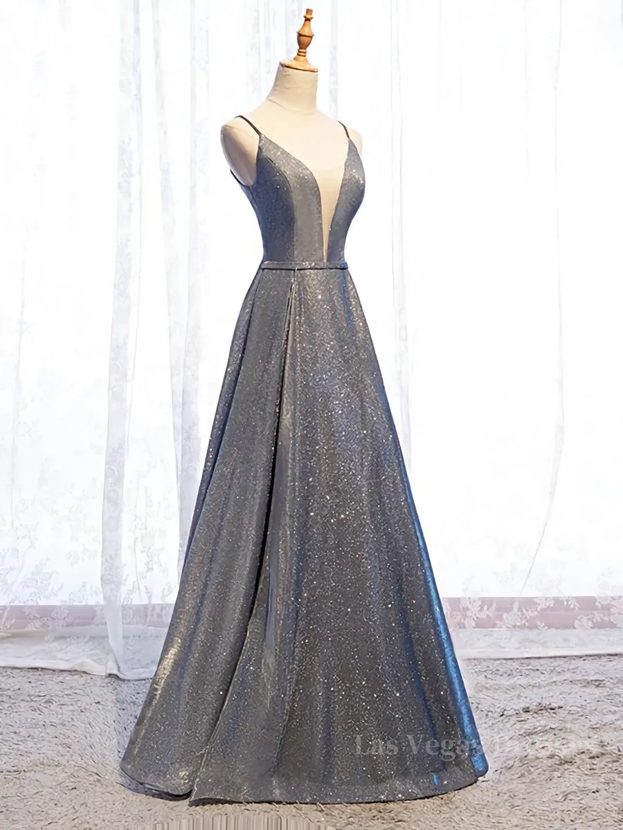 A Line V Neck Silver Gray Long Prom Dresses, Gray Long Formal Evening Dresses