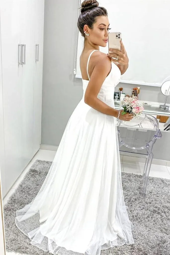 A Line V Neck Thin Straps White Chiffon Long Prom Dress 2021, Simple Cheap Wedding Dresses