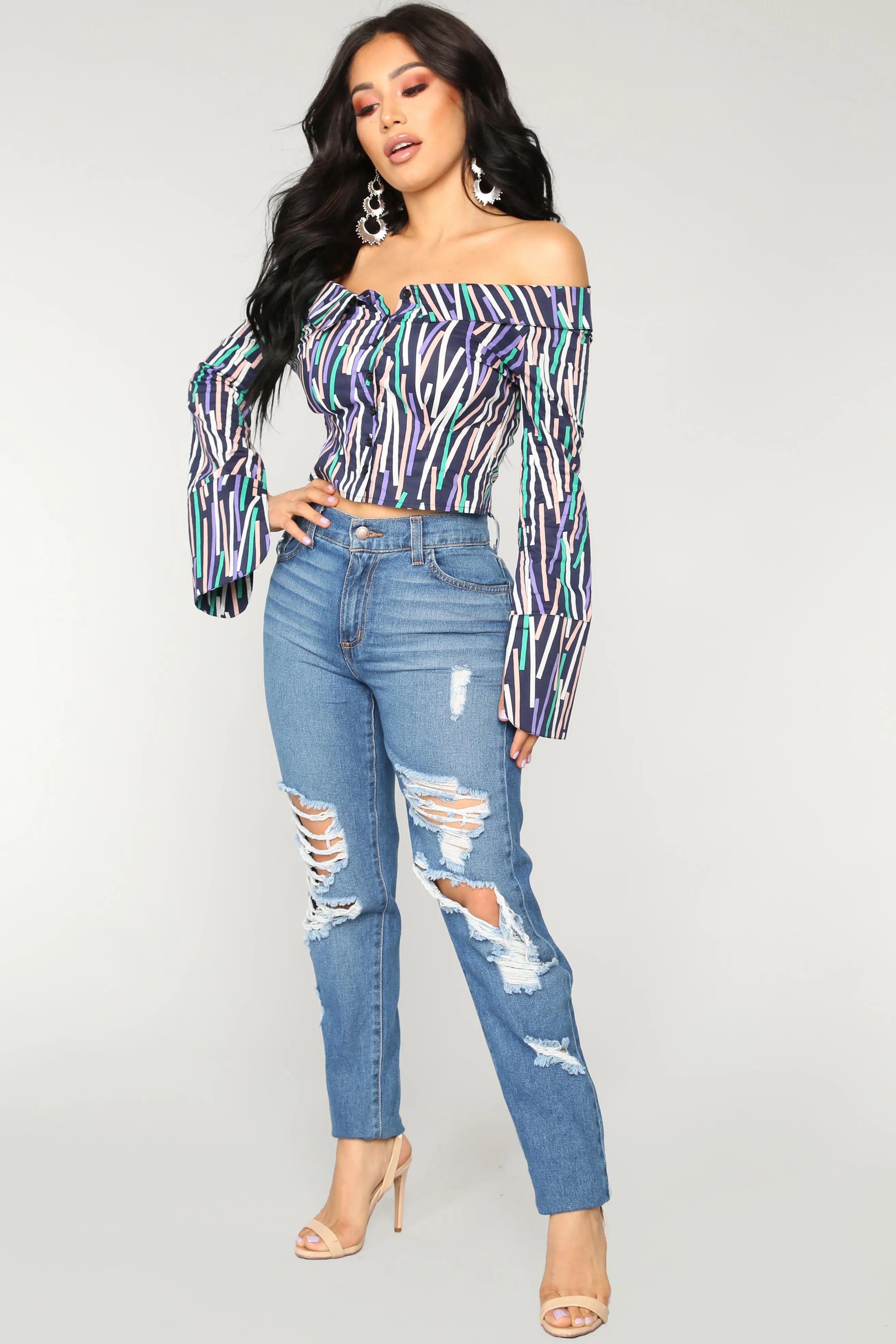 A Little Too much Off Shoulder Top - Navy Multi