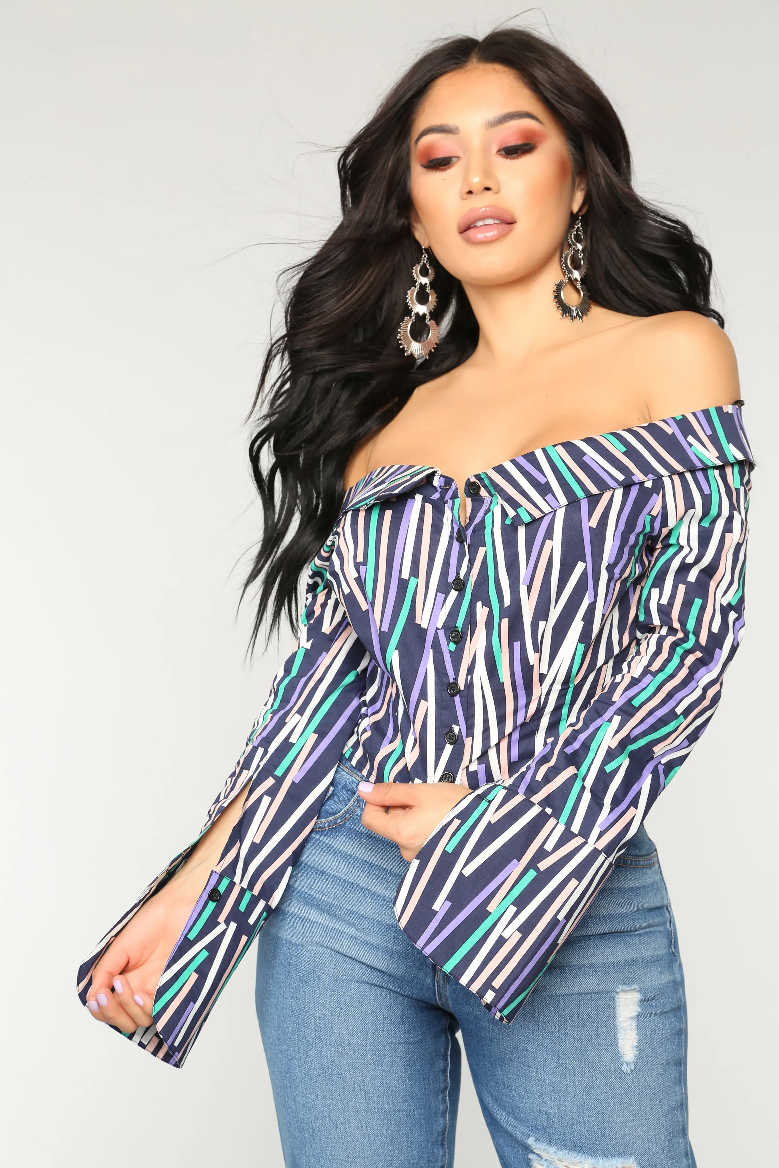 A Little Too much Off Shoulder Top - Navy Multi