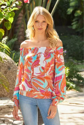 Abstract Floral Off The Shoulder Knit Top Orange Multi