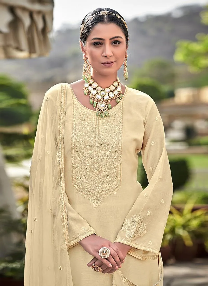 Aesthetic Cream Color Straight Embroidered Suit With Matching Dupatta