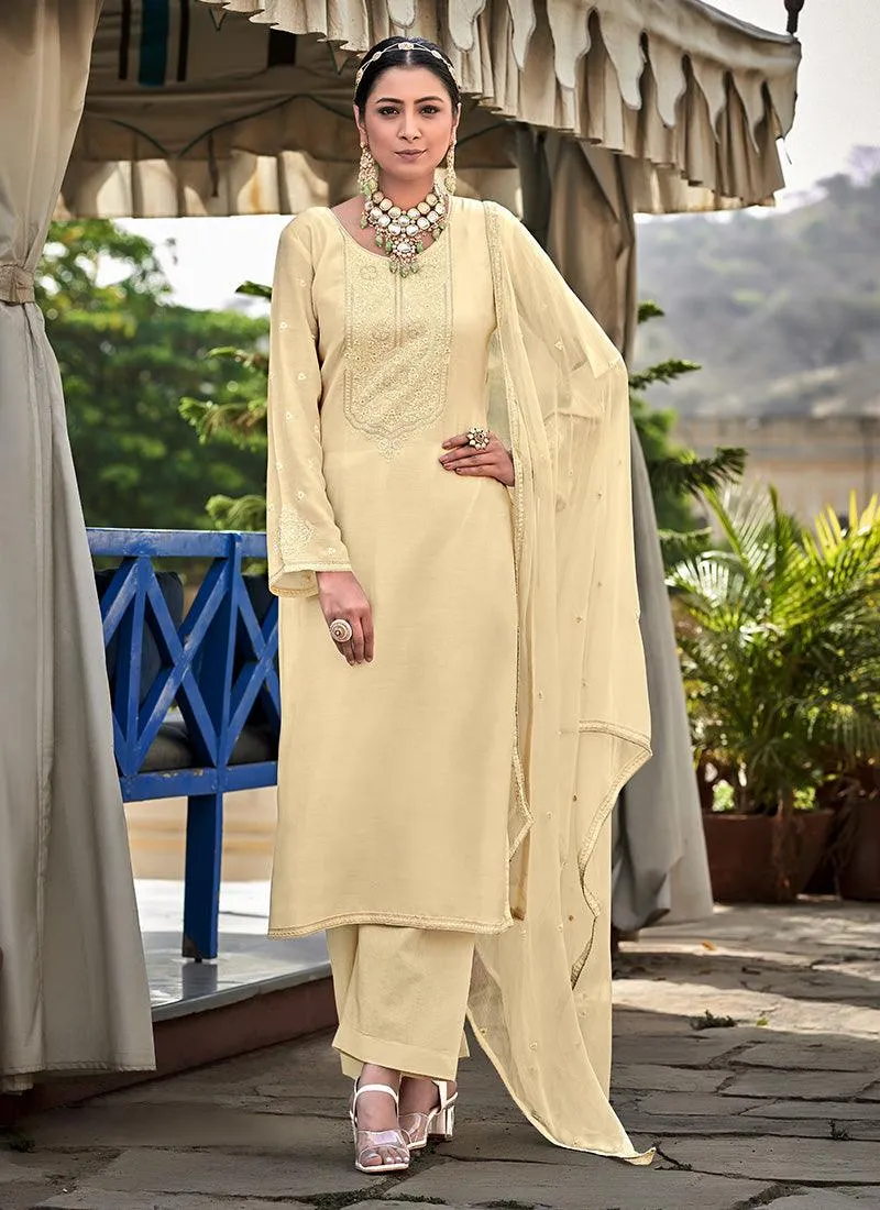 Aesthetic Cream Color Straight Embroidered Suit With Matching Dupatta