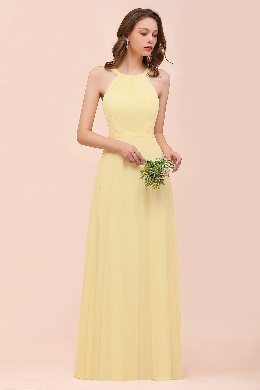 Affordable A-line Jewel Chiffon Long Daffodil Bridesmaid Dress with Ruffle