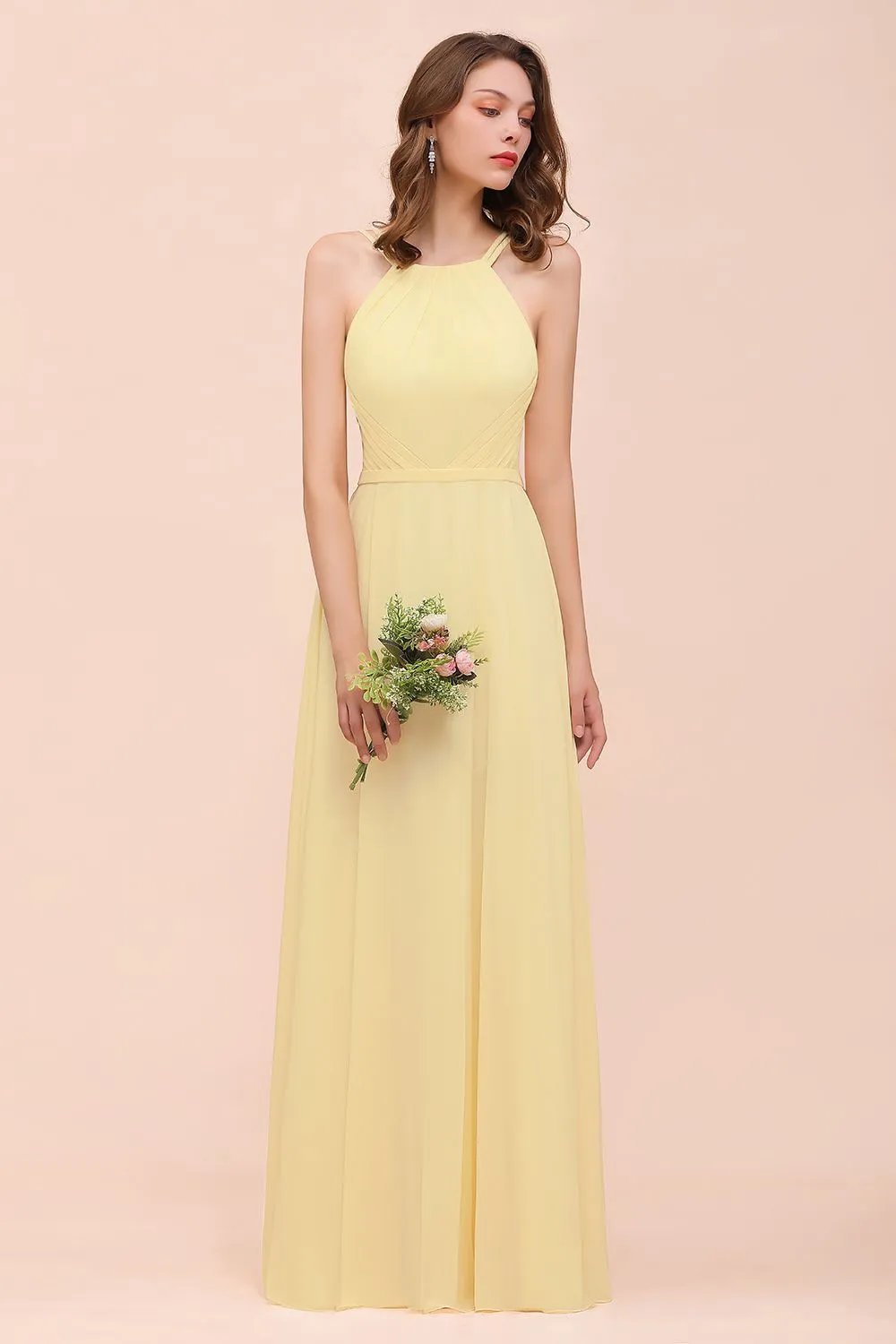 Affordable A-line Jewel Chiffon Long Daffodil Bridesmaid Dress with Ruffle