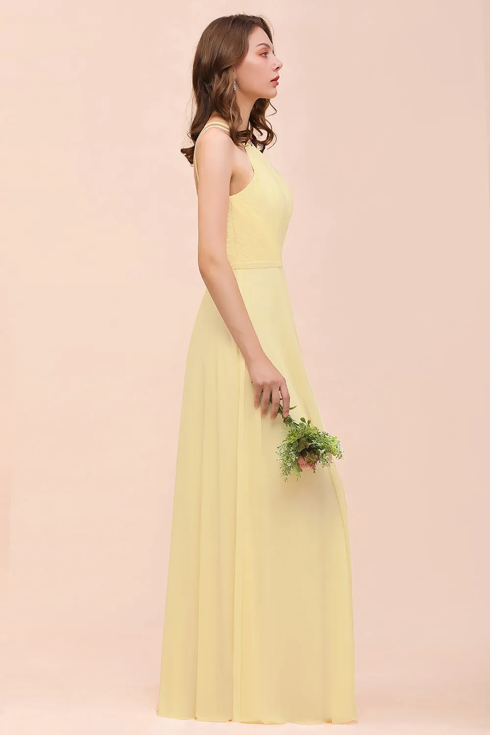 Affordable A-line Jewel Chiffon Long Daffodil Bridesmaid Dress with Ruffle