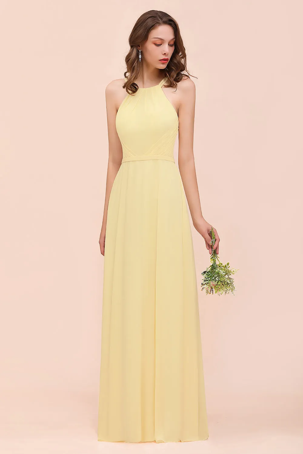 Affordable A-line Jewel Chiffon Long Daffodil Bridesmaid Dress with Ruffle