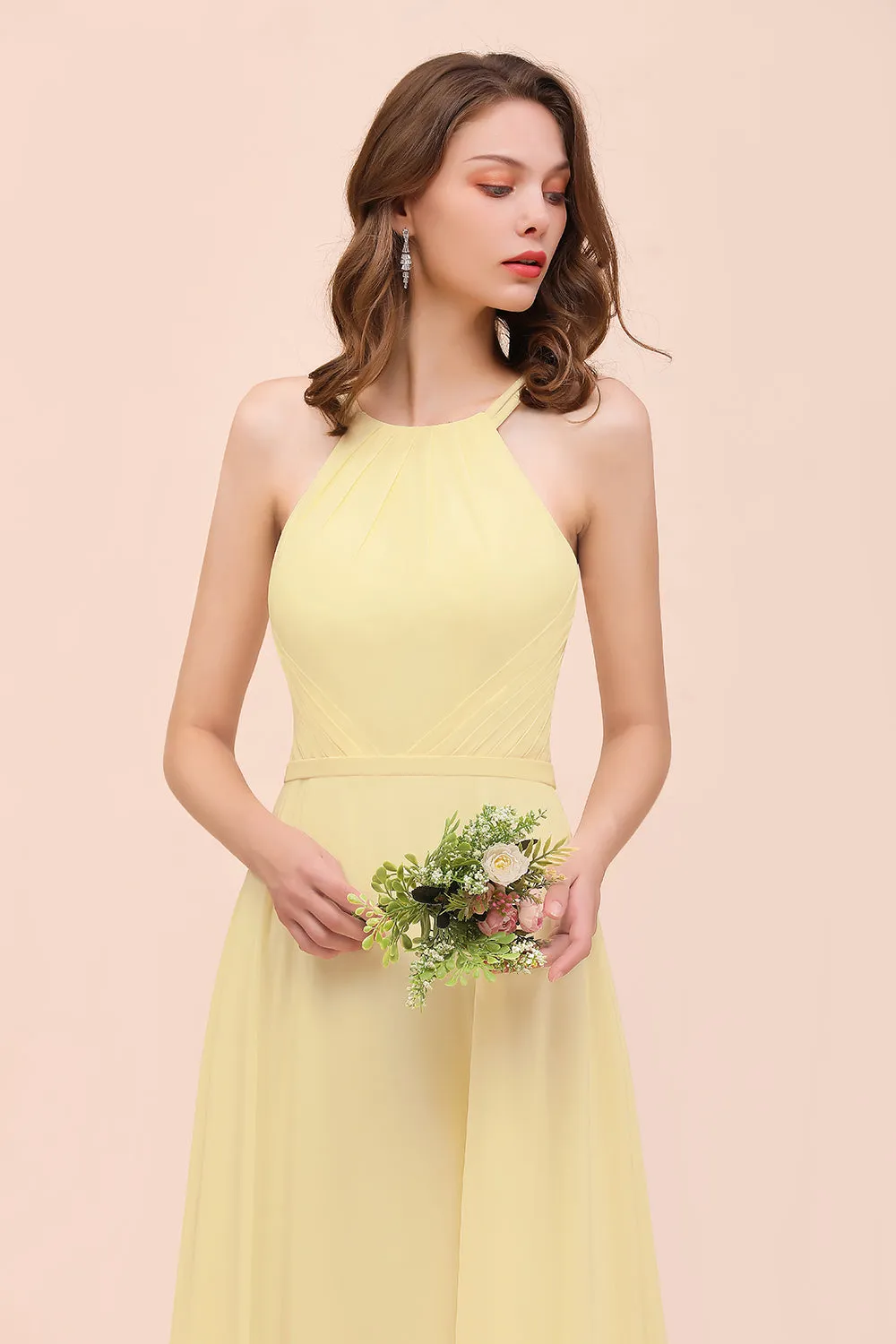 Affordable A-line Jewel Chiffon Long Daffodil Bridesmaid Dress with Ruffle