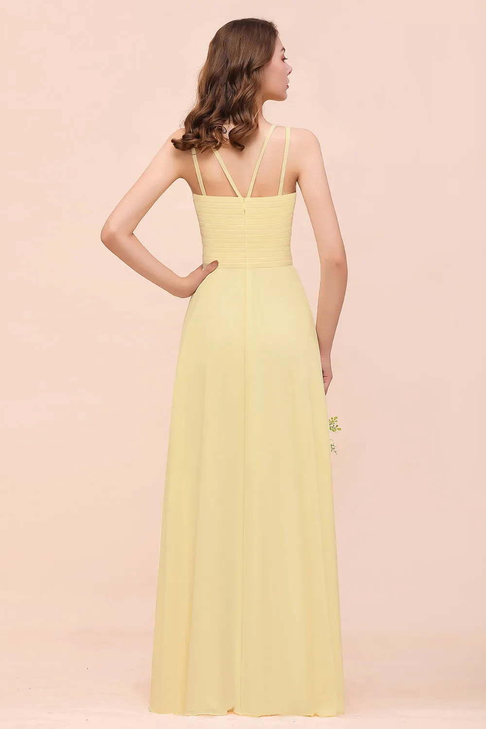 Affordable A-line Jewel Chiffon Long Daffodil Bridesmaid Dress with Ruffle