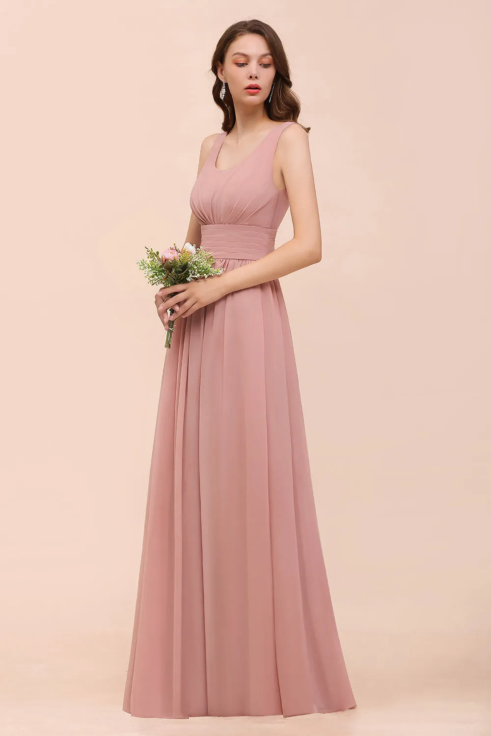 Affordable Long A-line Chiffon Mauve Bridesmaid Dress