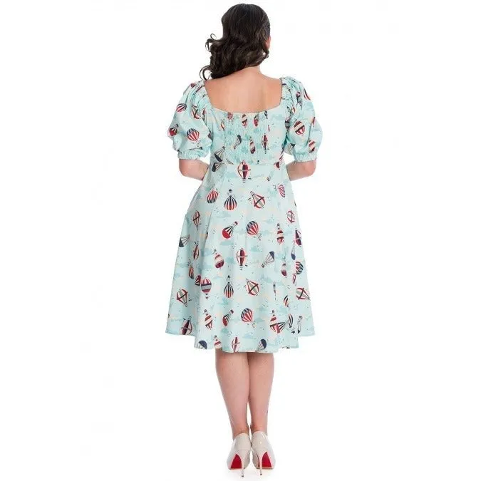 Aqua Blue Hot Air Balloon Print Puff Sleeve Vintage Style Swing Dress