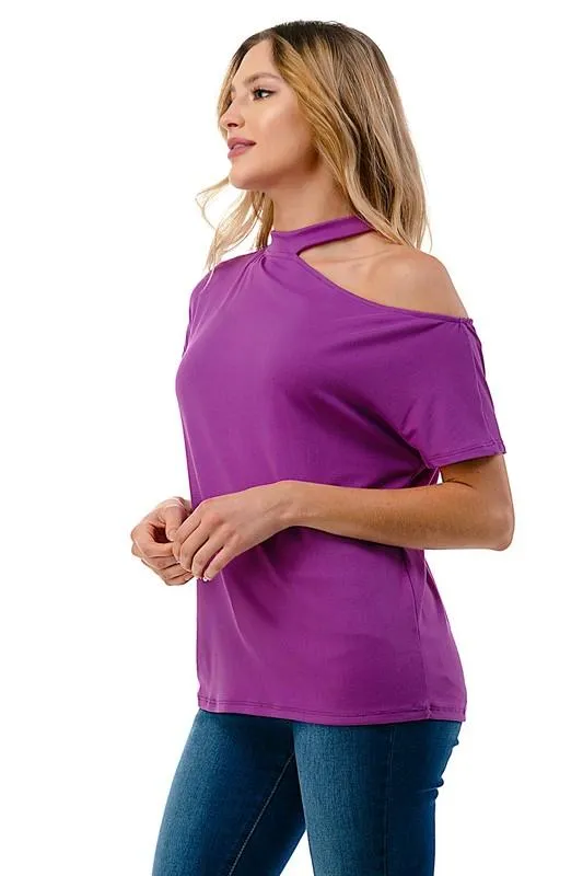 Ariella - Mock Neck Cutout Detailed Short Sleeve Top