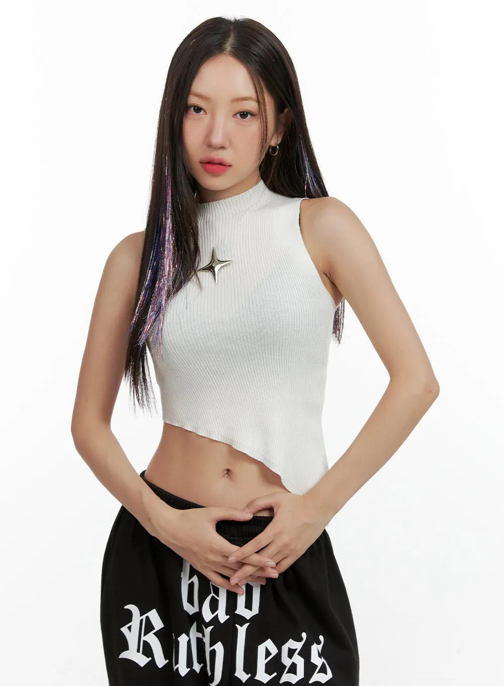 Asymmetrical Mock Neck Sleeveless Crop Top OL408