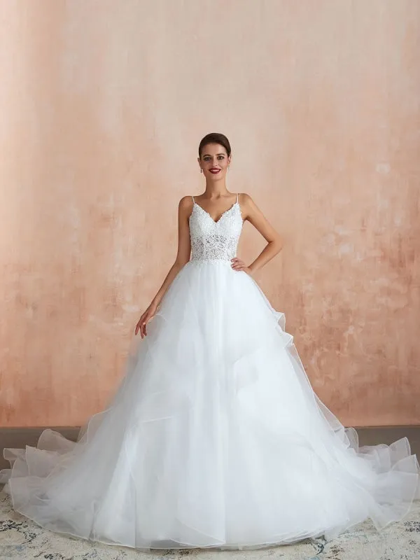 Ball Gown Wedding Dress 2021 Princess Straps Neck Sleeveless Natural Waist Studded Tulle Bridal Gowns With Train