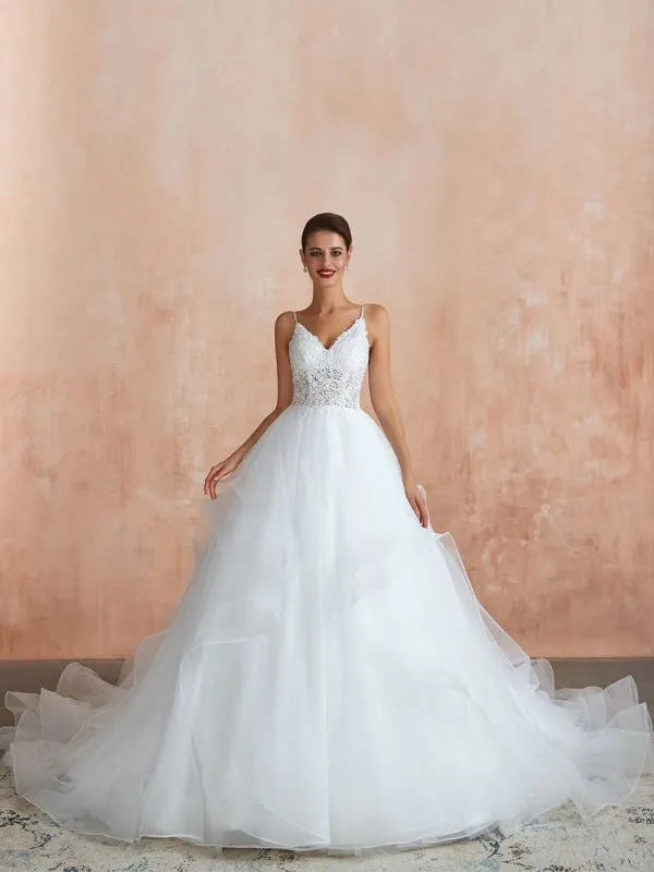 Ball Gown Wedding Dress 2021 Princess Straps Neck Sleeveless Natural Waist Studded Tulle Bridal Gowns With Train