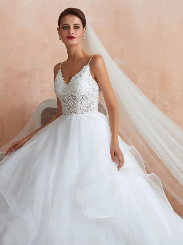 Ball Gown Wedding Dress 2021 Princess Straps Neck Sleeveless Natural Waist Studded Tulle Bridal Gowns With Train