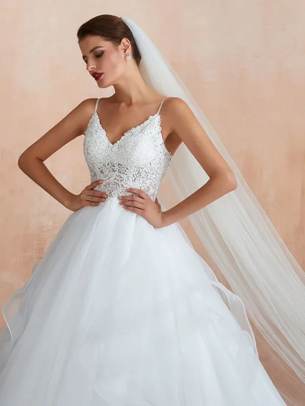 Ball Gown Wedding Dress 2021 Princess Straps Neck Sleeveless Natural Waist Studded Tulle Bridal Gowns With Train