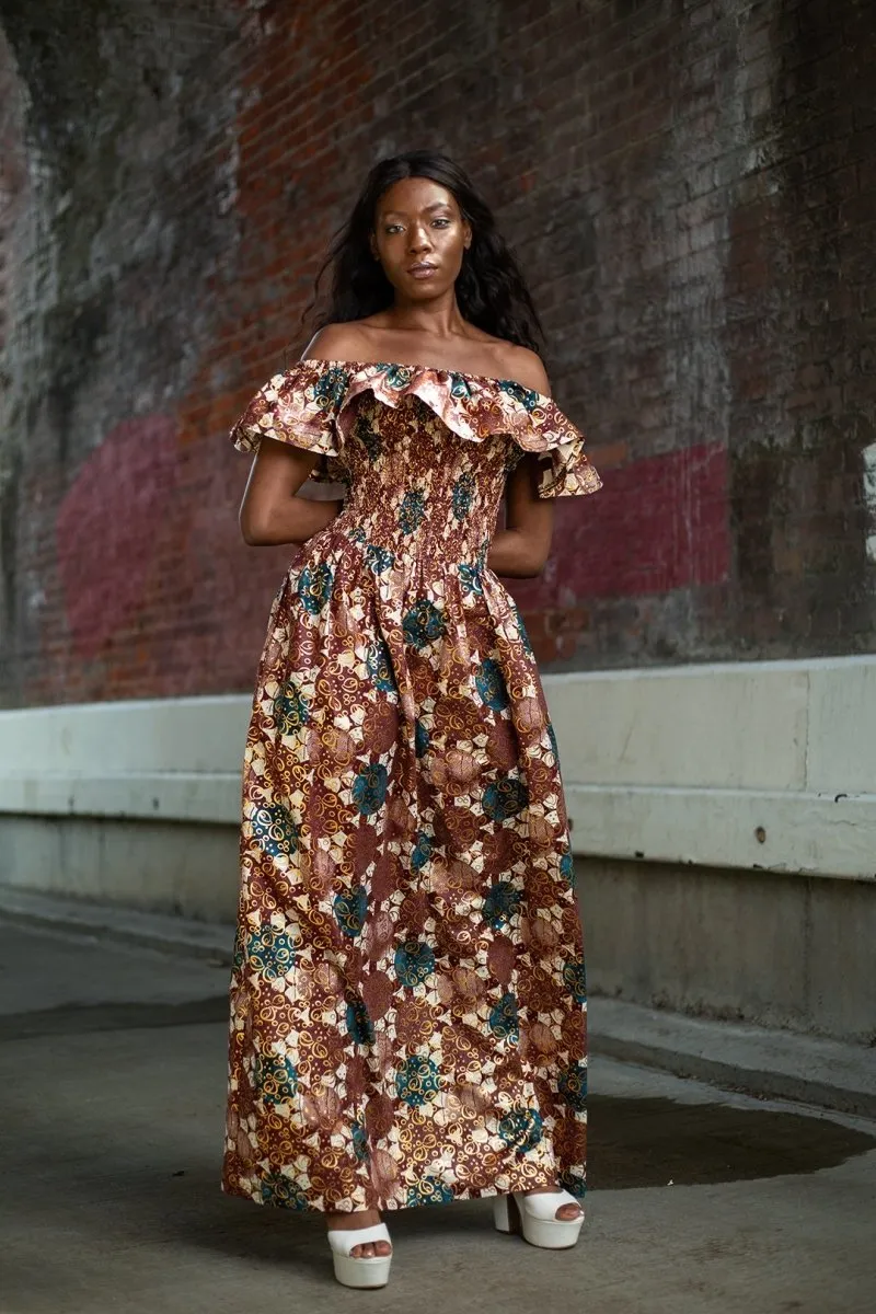 Beautiful African Maxi Dress In Metallic Gold Brown