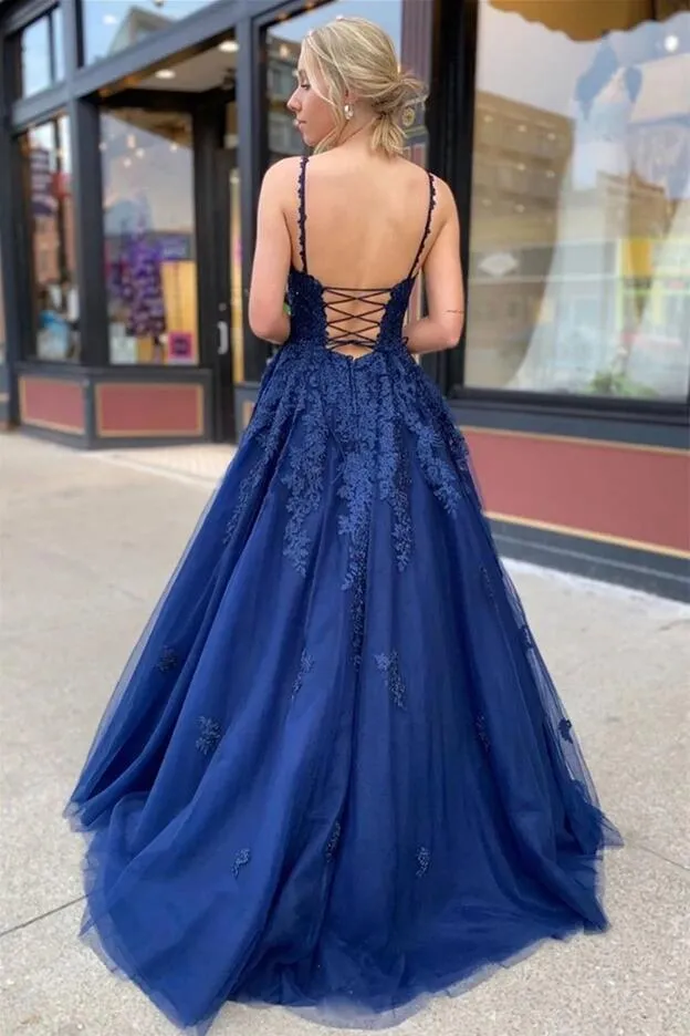 Beautiful Long A-line V-neck Tulle Backless Prom Dress with Appliques Lace