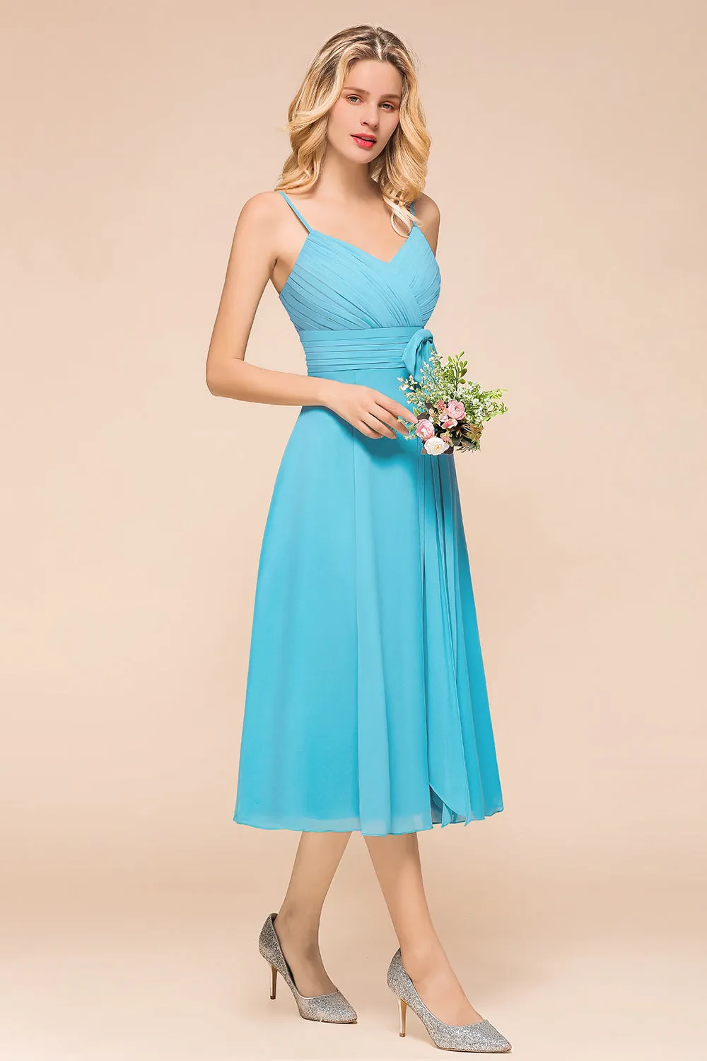 Beautiful Sky Blue Short A-line Spaghetti Straps Chiffon Bridesmaid Dress