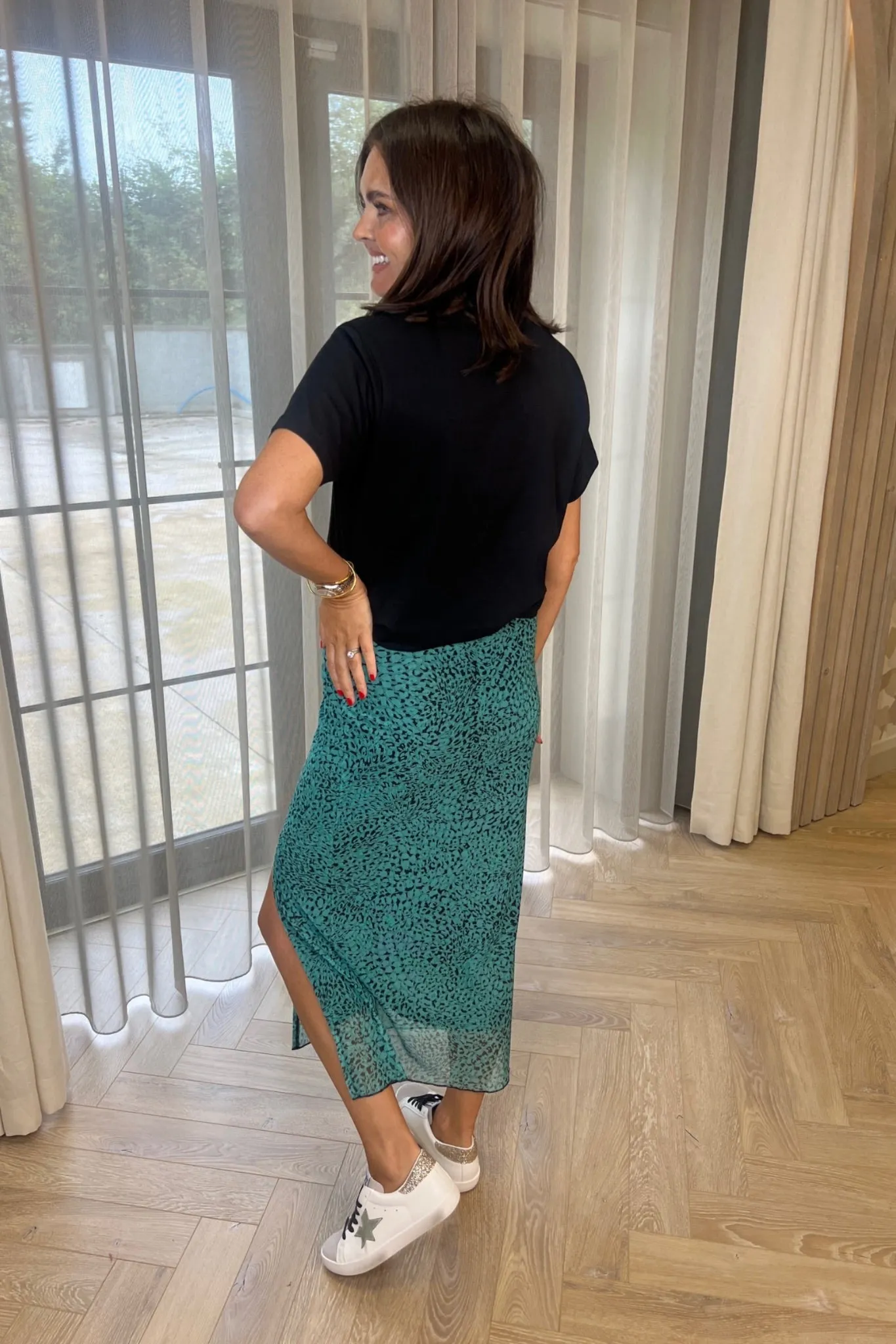 Becca Mesh Midi Skirt In Green Print