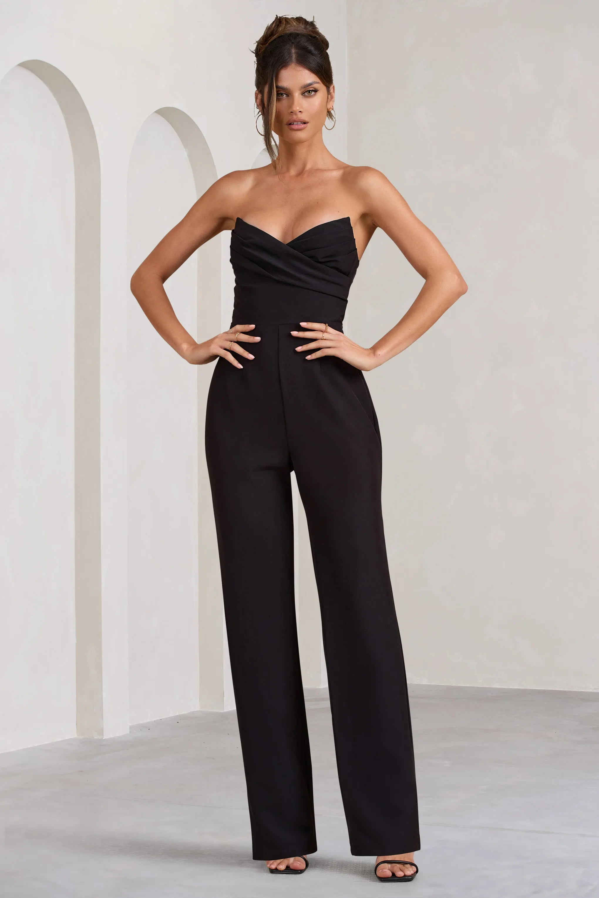 Bellezza | Black Bandeau Corset Wide Leg Jumpsuit