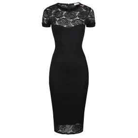 Black Cap Sleeve Lace Wiggle Pencil Cocktail Dress