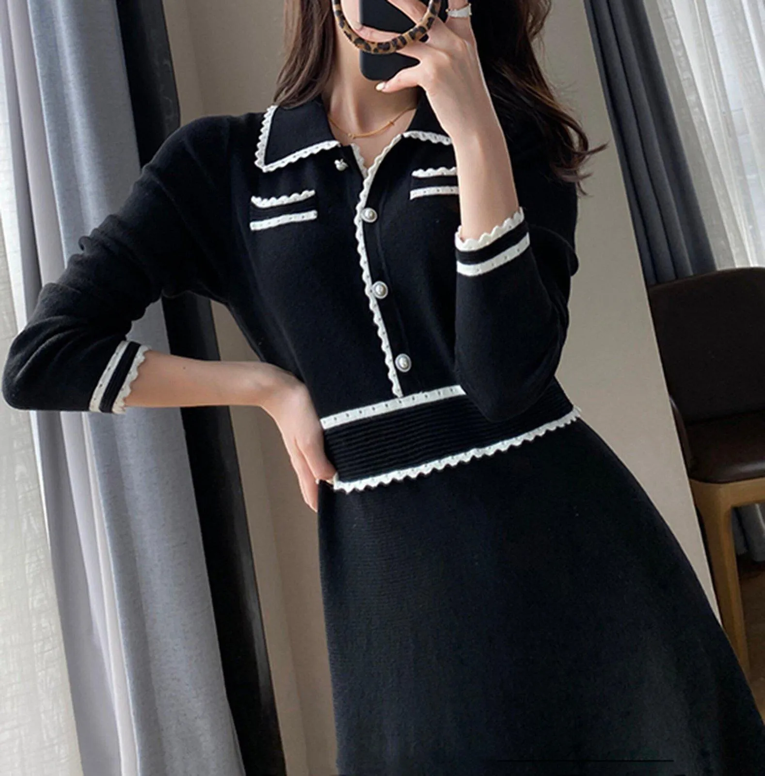 Black Knit Long Sleeve Midi Dress