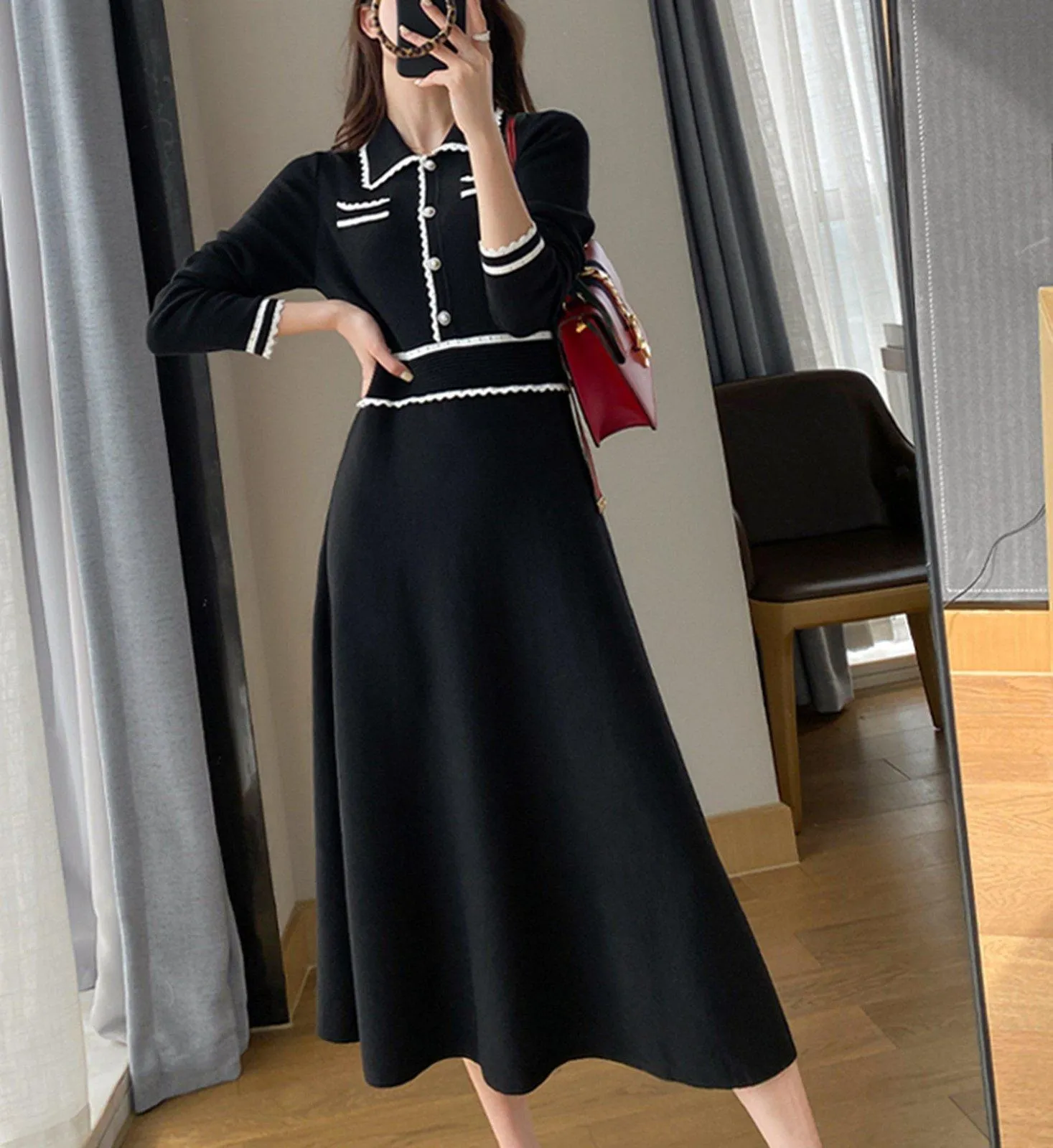 Black Knit Long Sleeve Midi Dress