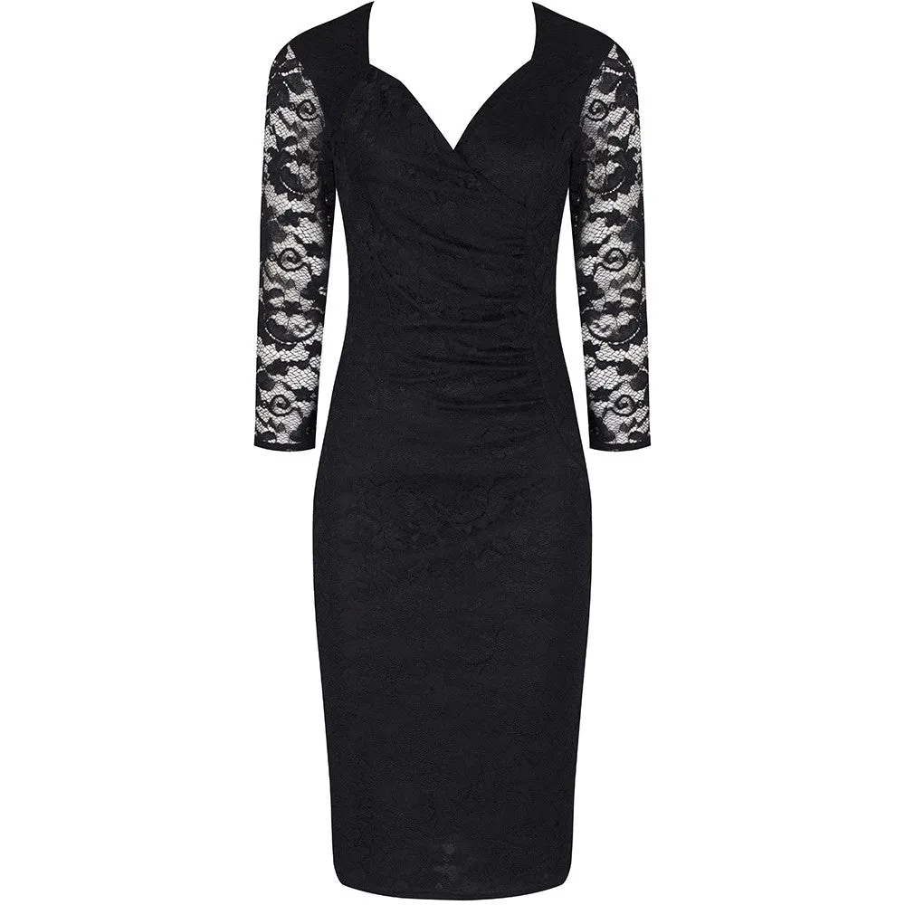 Black Lace 3/4 Sleeve Vintage Bodycon Wiggle Dress